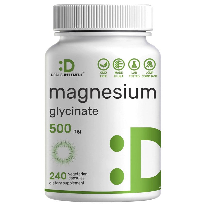 DEAL SUPPLEMENT Magnesium Glycinate 500mg, 240 Veggie Capsules | Chelated for Easy Absorption | Highly Purified Essential Trace Mineral for Muscle, Joint, Heart, & Digestive Health