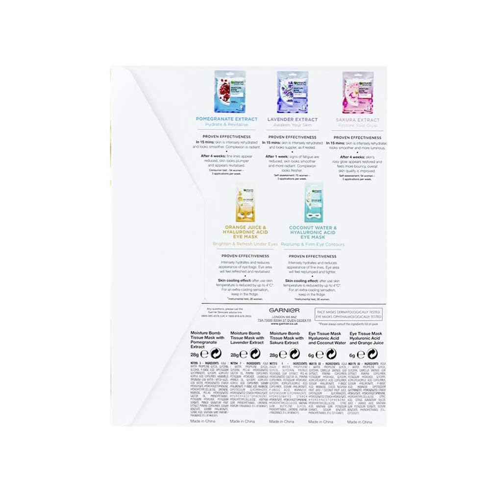 Garnier Sheet Mask Discovery Collection, Face & Eye Sheet Mask set for Dehydrated, Dull and Tired Skin, with glycerin and hyaluronic acid - Pack of 5 Sheet Masks