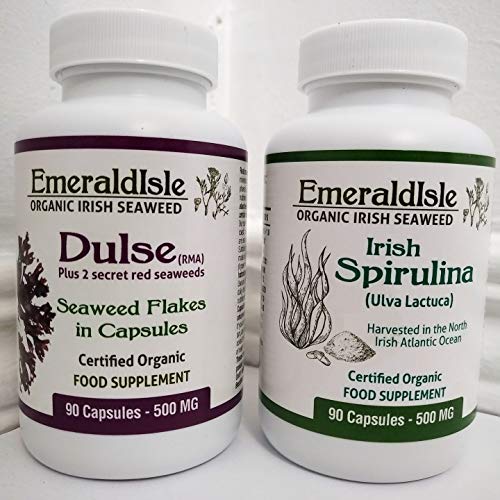 Emerald Isle Organic Irish Seaweed Dulse and Spirulina Tablets 500 mg 180 Capsules Certified Organic Harvested in North Atlantic Coast of Ireland