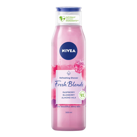 NIVEA Fresh Blends Raspberry Shower Gel (300ml), Raspberry-Scented Women's Shower Gel, Vegan Shower Gel Made with Natural Raspberry and Blueberry Juice, and Almond Milk