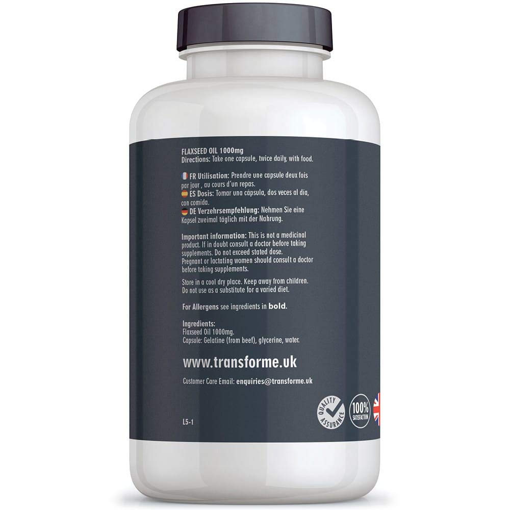 Transforme Flaxseed Oil Capsules 1000mg, Cold Pressed Omega 3 6 9, 365 Softgels, High in Alpha Linolenic, Linoleic & Oleic Acid, 2000mg Serving, Lactose & Gluten Free, 6 Month Supply