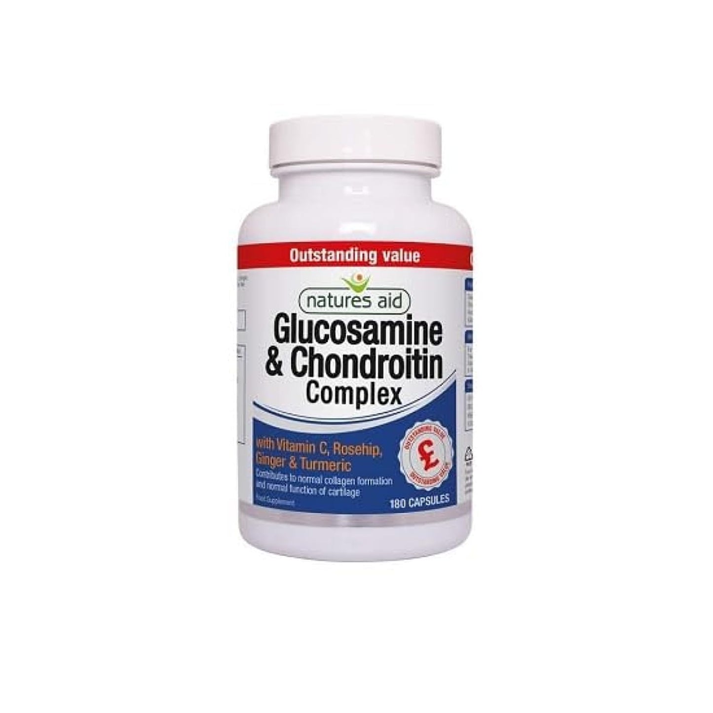 Natures Aid Glucosamine and Chondroitin Complex, with Vitamin C, Rosehip, Ginger and Turmeric, 180 Capsules,package may vary