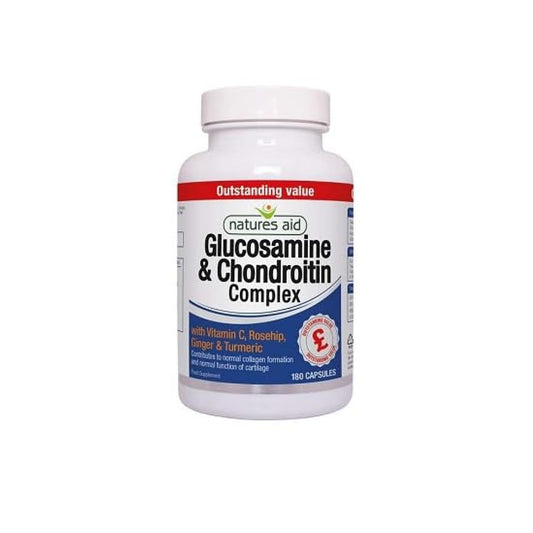 Natures Aid Glucosamine and Chondroitin Complex, with Vitamin C, Rosehip, Ginger and Turmeric, 180 Capsules,package may vary