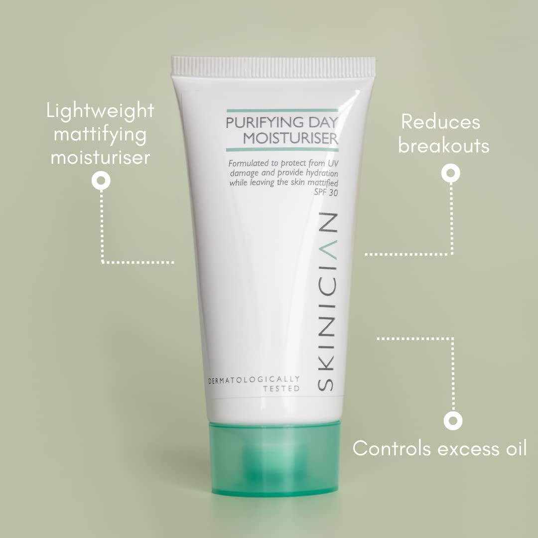 SKINICIAN Purifying Day Moisturiser SPF30 - Lightweight Moisturising Face Cream for Oily Skin - Mattifying Lotion - Anti-Wrinkle Face Moisturiser - Hydrating Formula Suitable for Problem Skin (50ml)