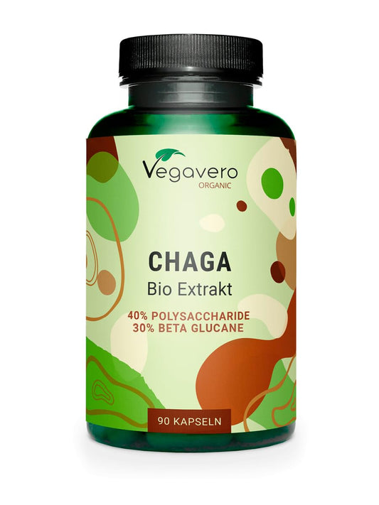 Organic Chaga Mushroom Extract Vegavero® | NO Additives | 600mg (10:1) with 40% Polysaccharides and 30% Betaglucans | 90 Capsules | Vegan