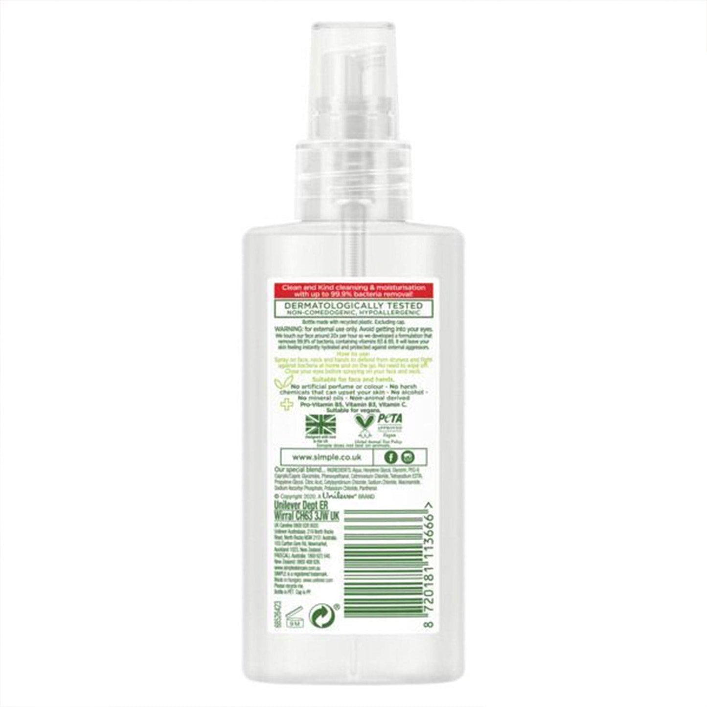 2 Pack of Simple Hydrating Mist + Anti-Bacterial Kind Defence Protect Mist 125ml