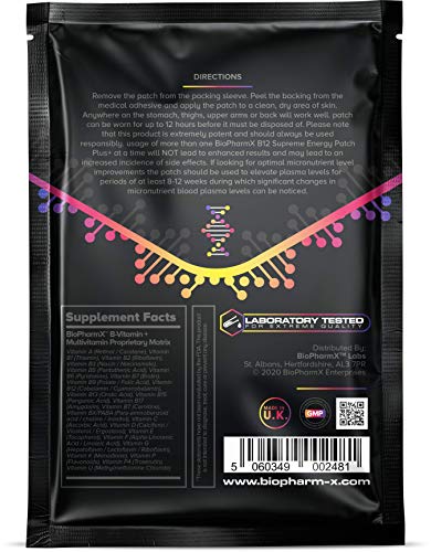 Biopharm-X Vitamin B12 1200mcg Supreme Energy Patch + Vitamins B1, B2, B3, B5, B6, B7, B8, B9 (1 Month Supply / 30 Patches) Premium Grade & High Strength B Complex Vitamin Patch