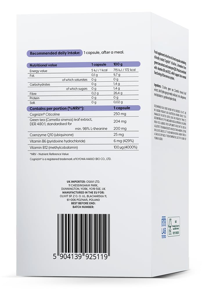 Osavi Neuropower with Citicoline 250 mg – 60 Vegan Capsules | Supports Nervous System & Psychological Health | Includes Cognizin® Citicoline, L–Theanine, Coenzyme Q10, B6 & B12 for Mental Clarity