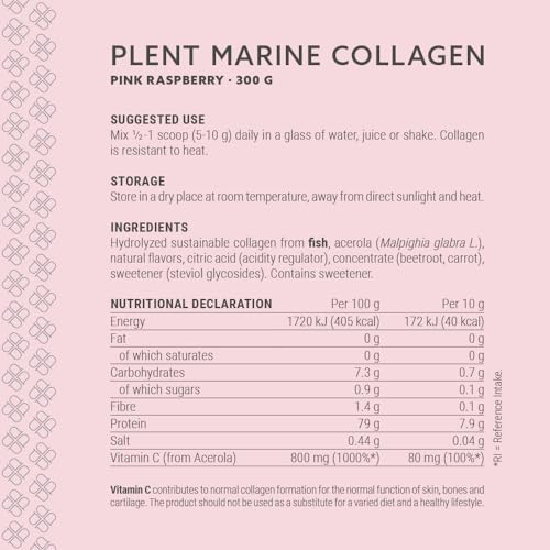 PLENT Pure Marine Collagen Pink Raspberry Hair, skin, nail support supplement Marine collagen peptides 300 g Jar