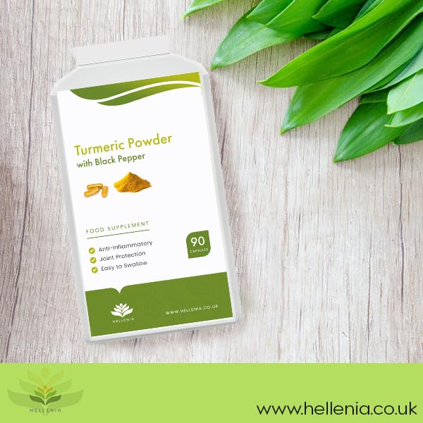 Hellenia Turmeric 500mg with Black Pepper (Piperine) - 90 Capsules - Natural Source of Curcumin