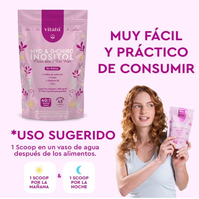 Vitatú | Myo Inositol (4g) & D-Chiro Inositol (1g) Ideal Mix 40:1 | with Folic Acid + Vitamin D3 + Zinc (7.9oz / 225g)