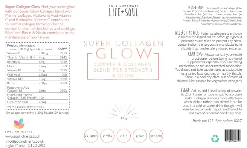Soul Nutrients Super Glow Collagen Blend- Marine Collagen Powder- Hydrolysed Marine Collagen Peptides Powder with Essential Glow Vitamins 300g Unflavoured