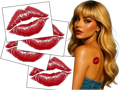 Inkwear Espresso Yourself – Famous Lipstick Kiss Tattoo (4-Pack) – 3" Red Lip Print – Pop Star-Inspired Back Tattoo – Temporary Ink That Hits Different