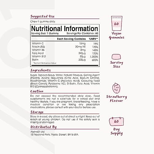 B Complex Gummies - Potent Formula Contains 5 Essential B Vitamins & Vitamin C, Strawberry Flavour - Halal, Non GMO - 60 Vegan Fruity Gummies.