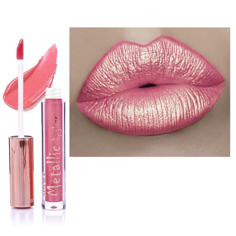 QUIWEN Metallic Shine Glitter Lipstick, Glitter Pink Lip Gloss Matte Lipsticks For Women Long Lasting Lightweight Soft Metallic Lipstick Waterproof Non-Stick Cup Not Fade Pink Lipstick Gift