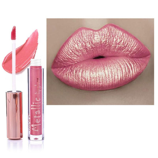 QUIWEN Metallic Shine Glitter Lipstick, Glitter Pink Lip Gloss Matte Lipsticks For Women Long Lasting Lightweight Soft Metallic Lipstick Waterproof Non-Stick Cup Not Fade Pink Lipstick Gift