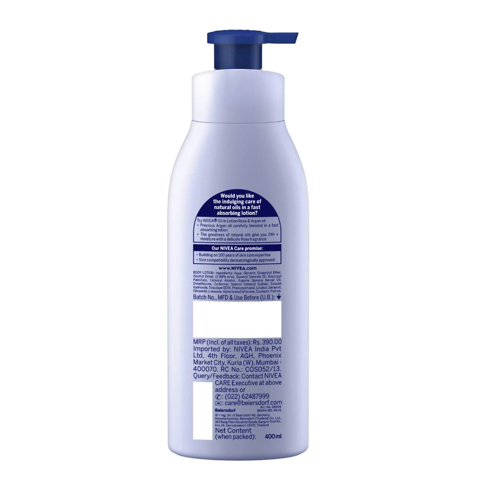 Nivea Rose and Argan Oil Body Lotion 400 ml (13.5 oz) - - goodness of natural oil in a fast absorbing lotion. Dry Skin - India