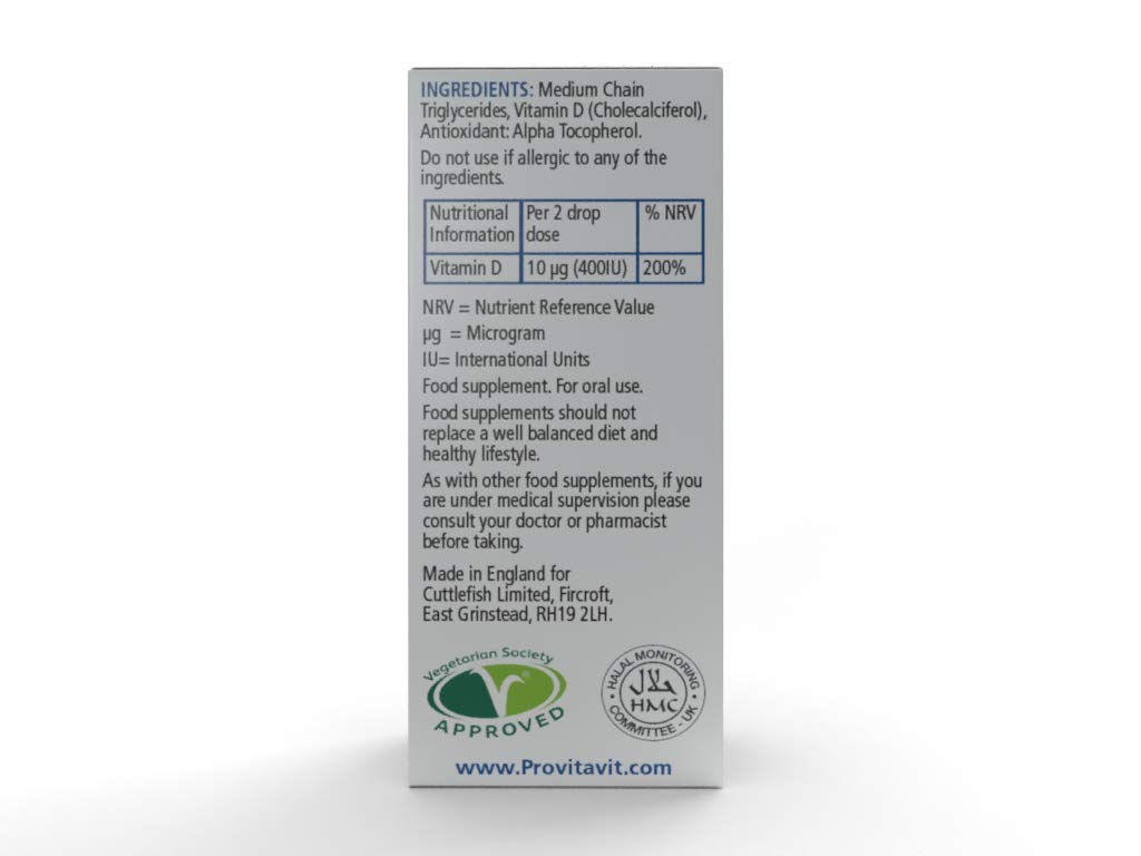 Provitavit Vitamin D Drops Newborn Baby to Adult - 10μg (400 IU) 7 ml - 4 Months Supply - Supports The Immune System and Normal Bones - D3 - Made in UK.
