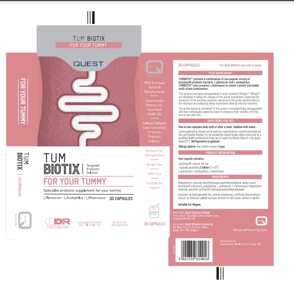 Quest Tum Biotix Gut Health Probiotics Supplements & Balance Gut Flora. 2 Billion CFU Helps Restore Gut Friendly Bacteria. Vegan Multi Strain Probiotic Digestive Supplement (30 Capsules)