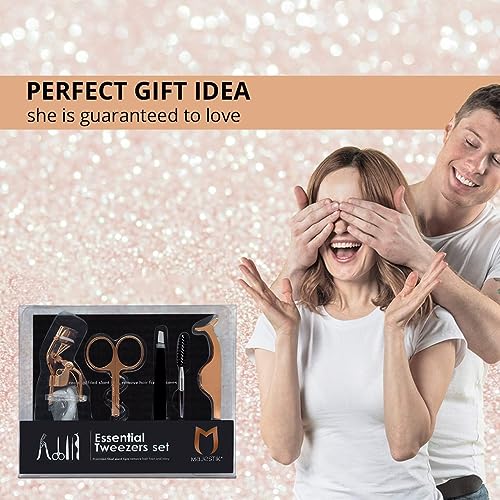 The Brow & Lash Rose Gold Set Eyelash & Eyebrow Tools Kit Includes Tweezers Lash Curler Spoolie Brush and scissors Idol Gift for Women By Majestik+