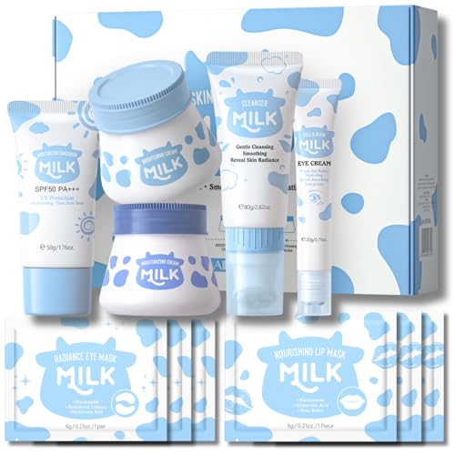 Trendyfave Milk Skincare Set, Milk Skin Care Sets & Kits for Teenage Girls with Cleanser, Day Cream, Night Cream, Eye Cream, Sunscreen, Eye Mask , Lip Mask Facial Kits for Women