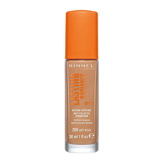 Rimmel Lasting Radiance Medium Coverage Anti Pollution Foundation, SPF 25, 200 Soft Beige (Wake Me Up Foundation Improved Formula), 30 ml (Pack of 1)