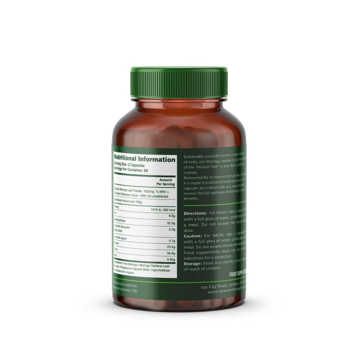 New Earth Organic Essentials Pure Moringa Capsules - Pure Moringa Oleifera Leaf Powder -180 Vegan Capsules
