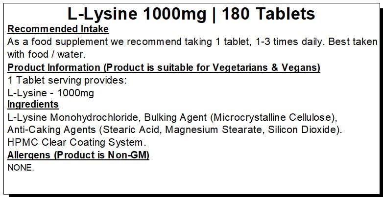 Peak Supps L-Lysine 1000mg - 180 Tablets (6 Month Supply) - Vegan