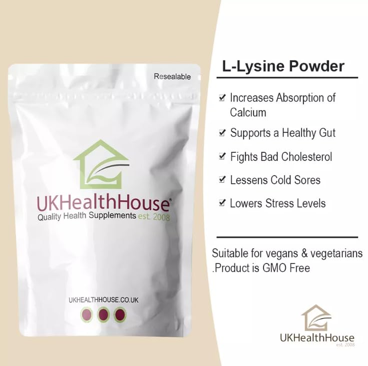 UKHealthHouse L-Lysine Powder, High Potency Essential Amino Acid, Vegan, Food Supplement, Premium Amino Acid Range, Essential Amino Acid, Gluten Free (500g)