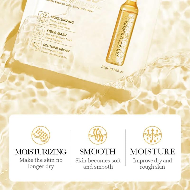 (6 Pack) 24K Gold, Hyaluronic Acid & Vitamin C Face Mask Set - Hydrating, Skin Brightening, Redness Relief, Anti-Aging Ampoule Serum Masks