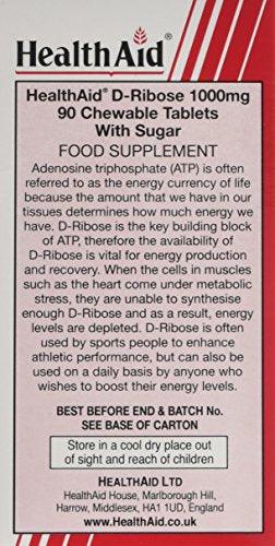 HealthAid Vegan D-Ribose 1000mg Tablets – Energy Support Supplement for ATP Production & Cellular Energy - Stamina Support - 90 Vegan Tablets