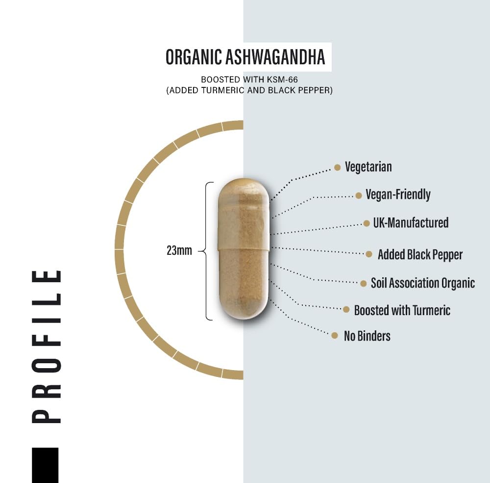 Organic Ashwagandha Capsules 1200mg Boosted with 100mg of Organic KSM-66 with 5% Withanolides with Added Organic Turmeric 200mg and Organic Black Pepper - Providing 1500mg Per Serving
