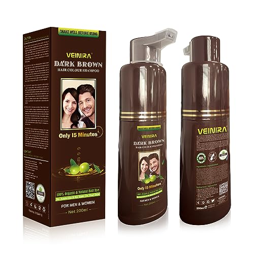 "VEINIRA Herbal Quick Hair Colour Shampoo: Effortless Instant Dye for Men and Women, 100% Natural Ingredients, No Ammonia, No Skin Stains, Speedy Application - 200ml (Dark brown)