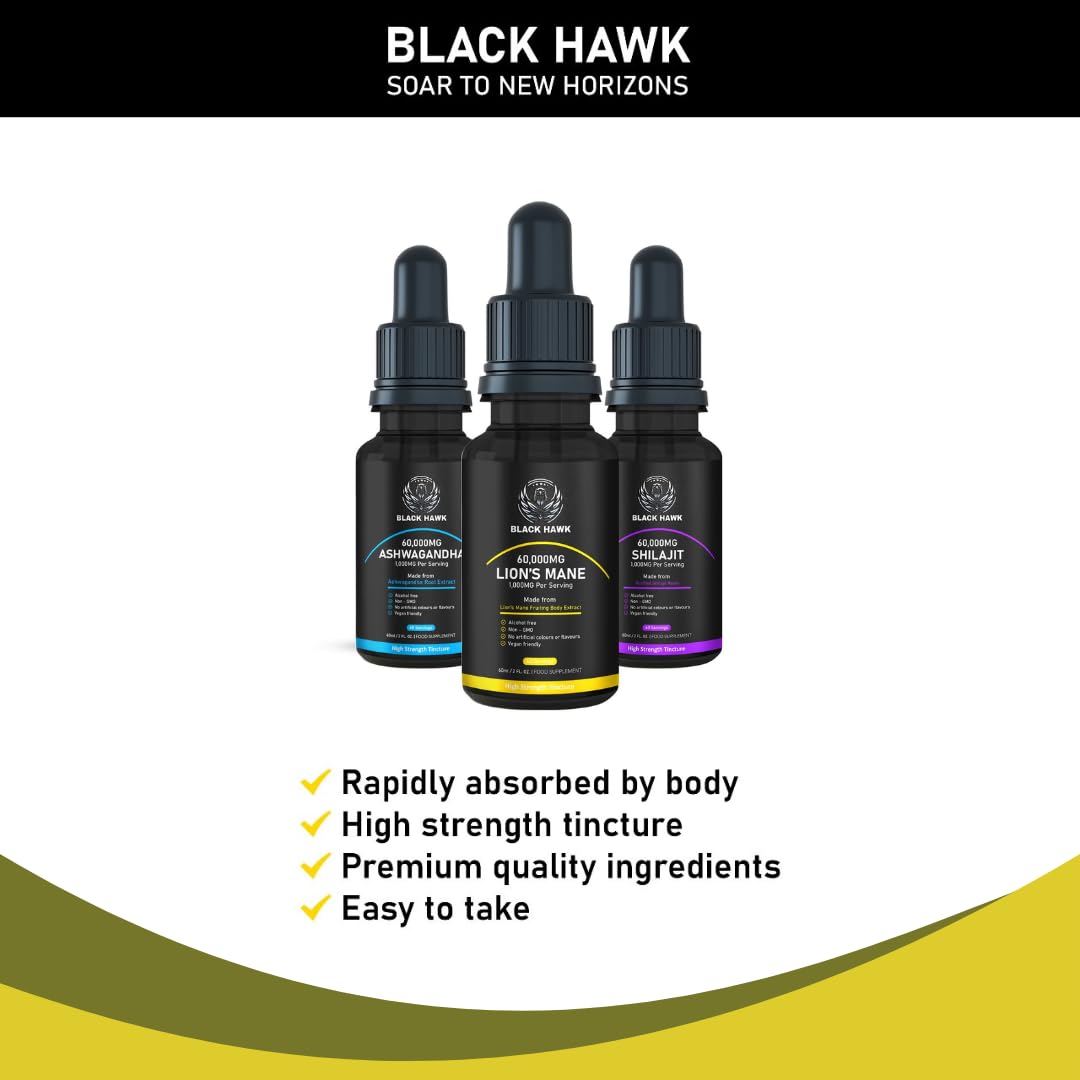 Lions Mane Supplement Liquid 60000mg - 60 Vegan Servings High Strength Lions Mane Mushroom Fruiting Body Extract - 2 Months Supply - Nootropic - Made in The UK by BLACK HAWK