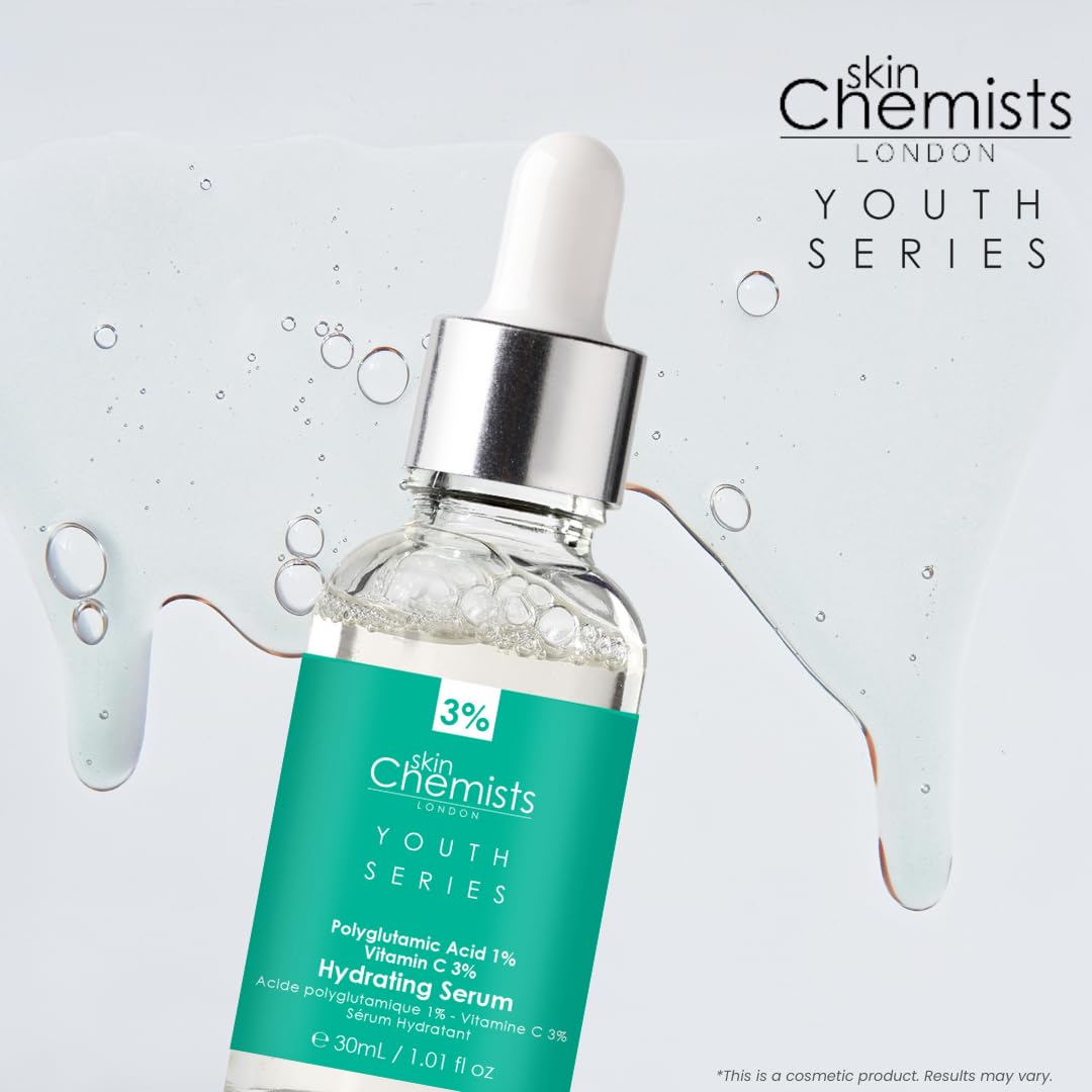 skinChemists Hydrating Serum with Polyglutamic Acid 1%, Vitamin C 3% 30ml | Fights Fine Lines, Wrinkles, & Pigmentation - Provides Lasting Hydration & Luminous Effect