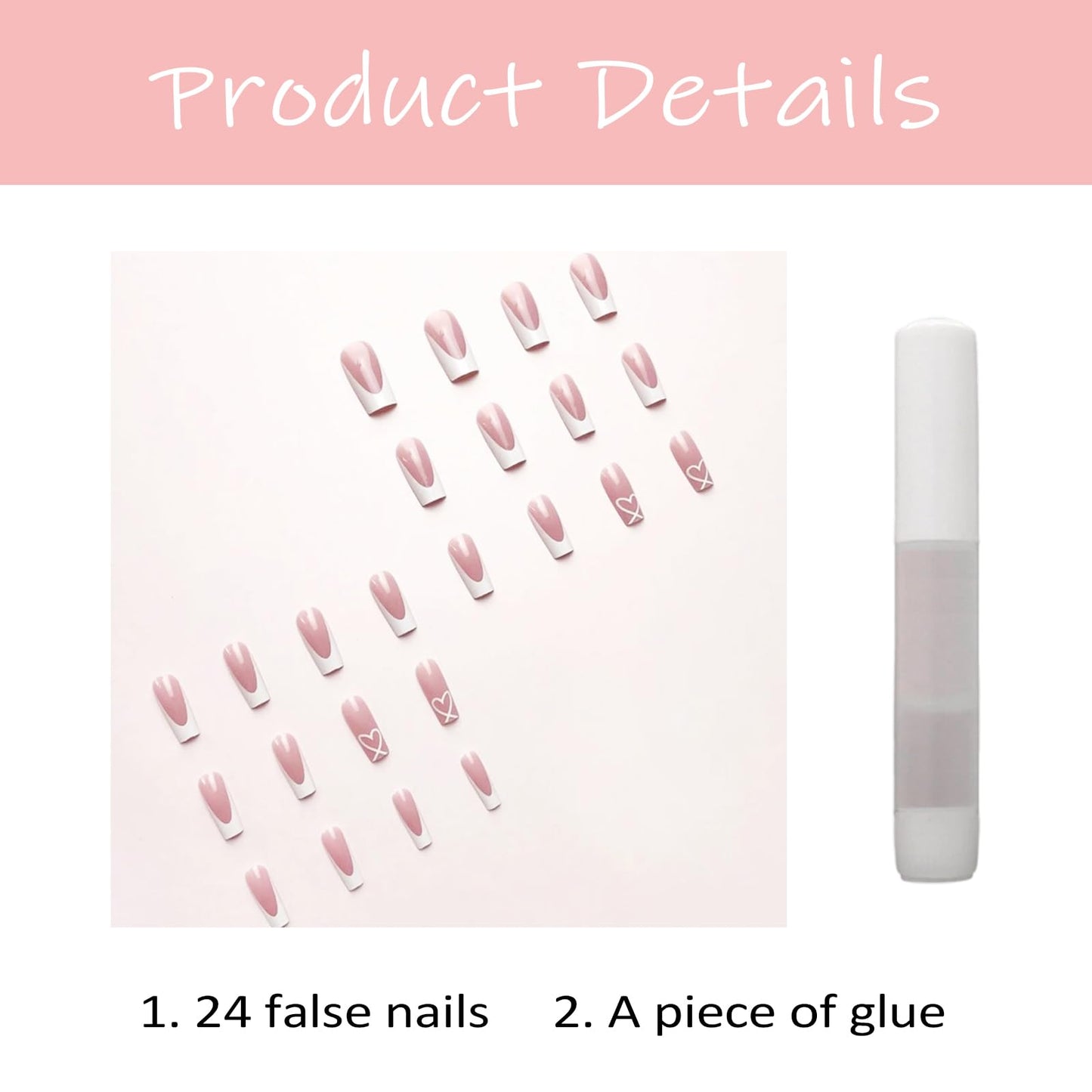 Shengqialun Pink Press on Nails, Long Coffin False Nails - French Tip Pink & White Fake Nail with Heart Accents, 24pcs Full Cover Stick on Nails with Glue, Glossy Elegant Press-Ons for Parties