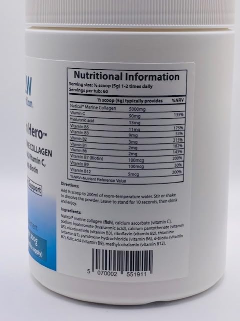 KLW Nutrition Premium Marine Collagen Powder - with Vitamin C, B-Complex, Biotin, Hyaluronic Acid - No fillers, sweeteners or additives - Healthy Skin & Joints - New Improved Formulation - 1-2 Months Supply