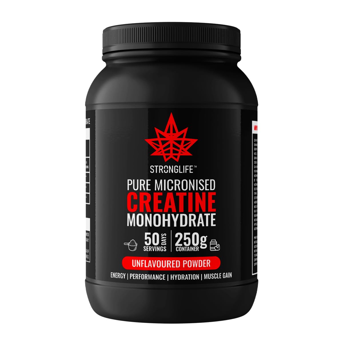 Creatine Monohydrate Powder by Stronglife - 250 grams, 50 Servings at 5 grams, Micronised, Pure 200 Mesh, Unflavoured - Enhances Muscle Performance Power & Recovery (250 Grams)