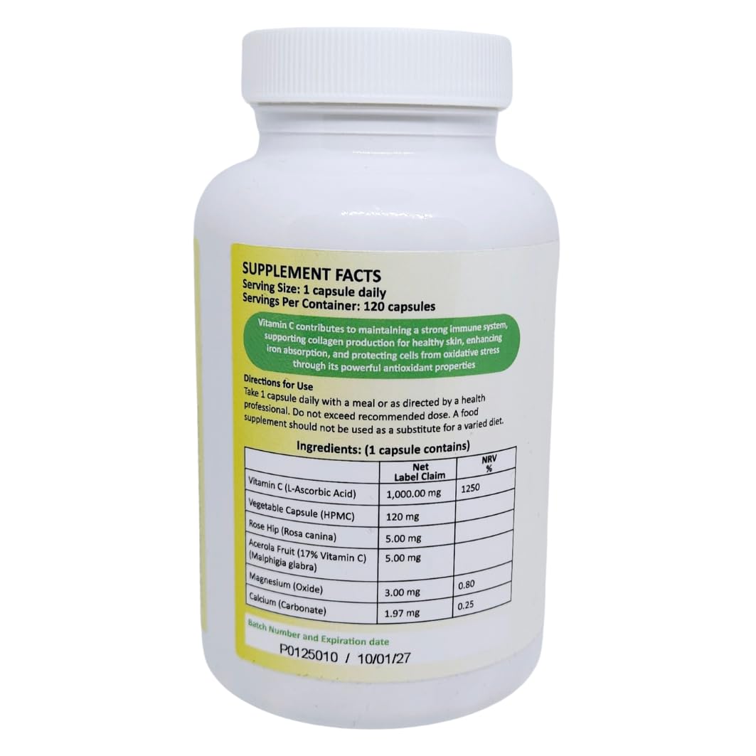 Vitamin C 1000mg - High Strength, Halal & Vegan Capsules | Enhanced with Rosehip & Acerola | Immune Support, Collagen Boost & Antioxidant Protection | Nazhafa