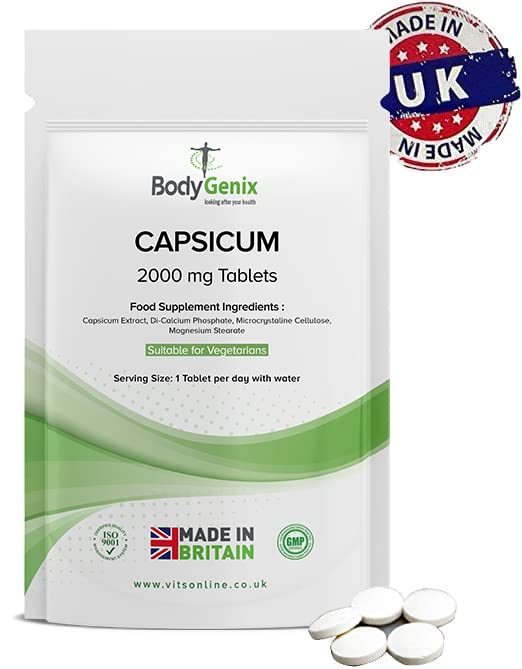 Bodygenix Capsicum Extract 2000mg Tablets - High Strength Anti Inflammatory Immune Metabolism Digestive Anti Oxidant Support - Vegan Food Supplement 120 Tablets