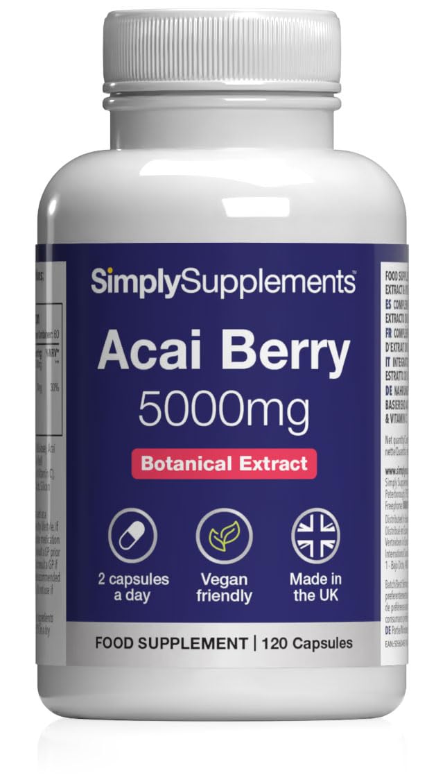 Simply Supplements Acai Berry 2,500mg Capsules | with Vitamin C | Supports Immune System & Collagen Formation | Freeze-Dried Extract | Vegan Friendly | 120 Capsules = 2-Month Supply | UK Made