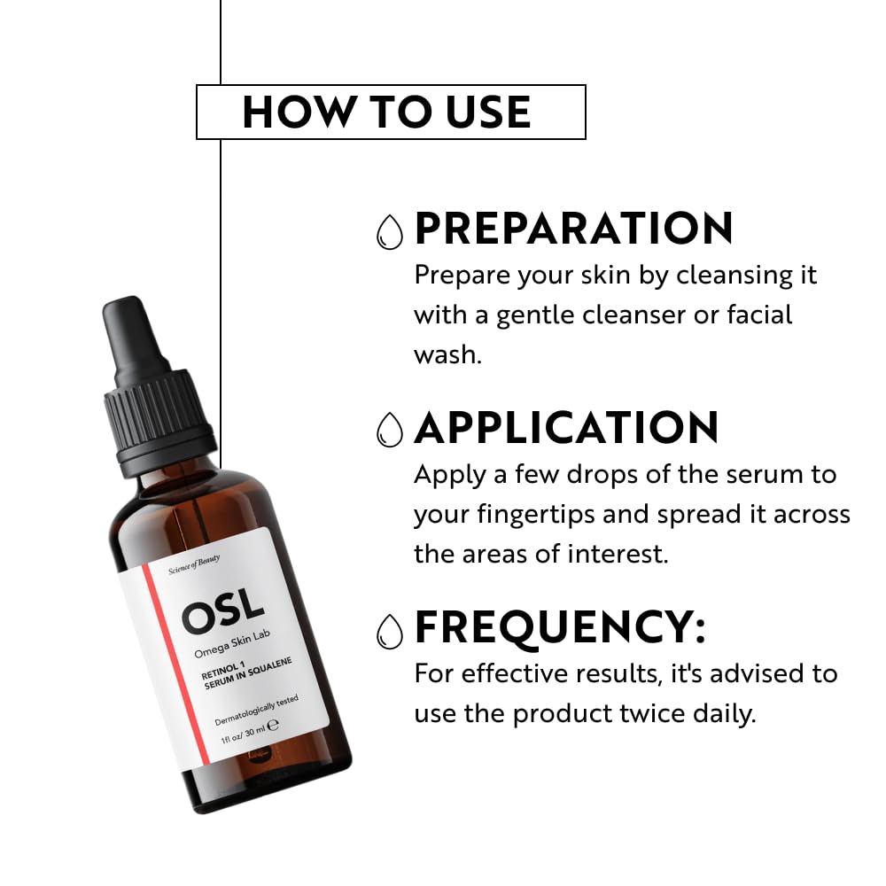OMEGA SKIN LAB OSL Omega Skin Lab Retinol 1 In Squalene Serum 30ML - Friendly Anti-Aging Retinol Serum for Face & Hyaluronic Acid Serum - Infused with Vitamin E and 1% Retinoid Serum