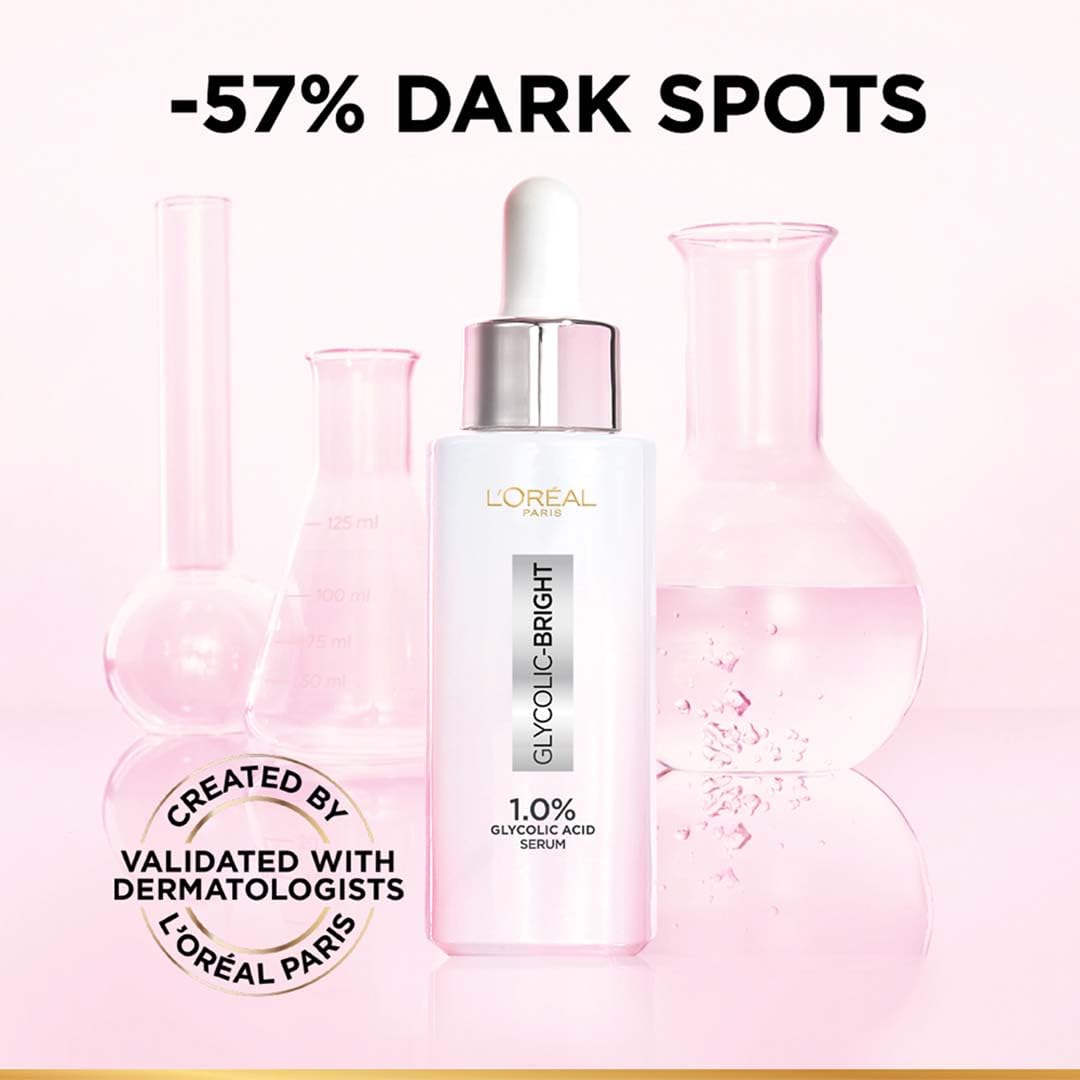 L'Oreal Paris Glycolic Bright Serum, 1% Glycolic Acid, 2% Niacinamide Serum, Visibly Minimizes Spots, Reveals Even Skin Tone, Glycolic Bright Skin, 15ml