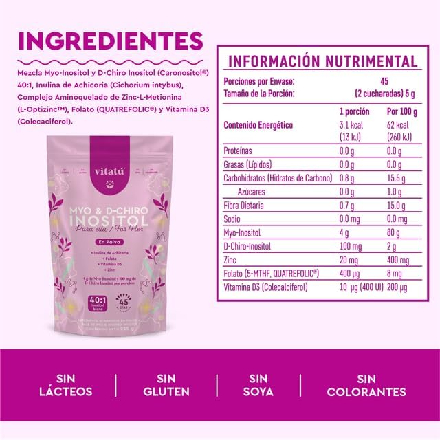 Vitatú | Myo Inositol (4g) & D-Chiro Inositol (1g) Ideal Mix 40:1 | with Folic Acid + Vitamin D3 + Zinc (7.9oz / 225g)