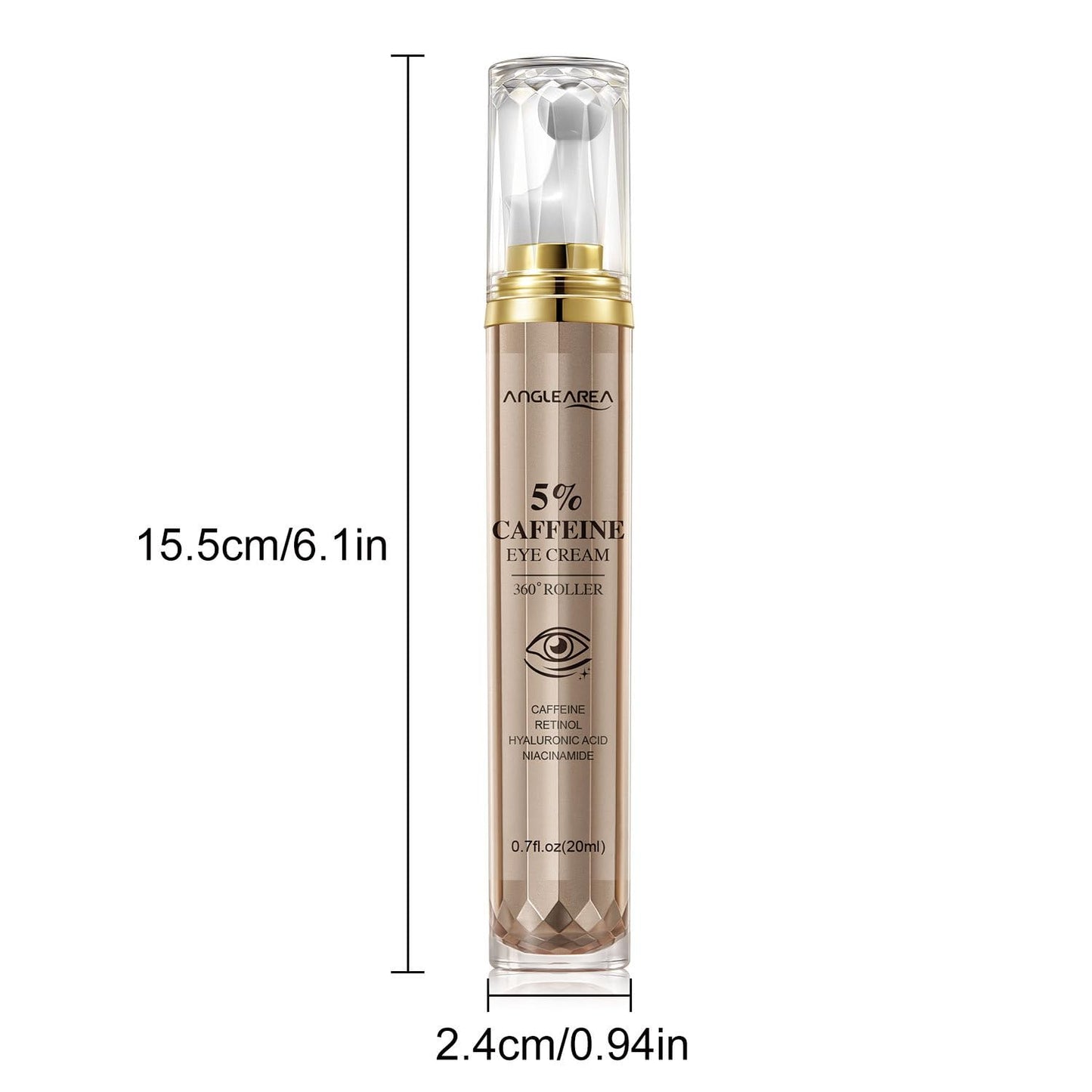 HOPHAT 5% Caffeine Eye Serum - Eye Cream with 360° Roller for Dark Circles and Puffiness, Reduce Eye Bags, Wrinkles and Fine Lines, Hydrate Eye Area 20ML