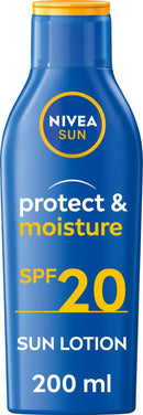 NIVEA SUN Protect & Moisture Sun Lotion SPF 20 (200 ml), Suncream with Vitamin E, Provides 48 Hour Moisture and Immediate UVA & UVB Protection
