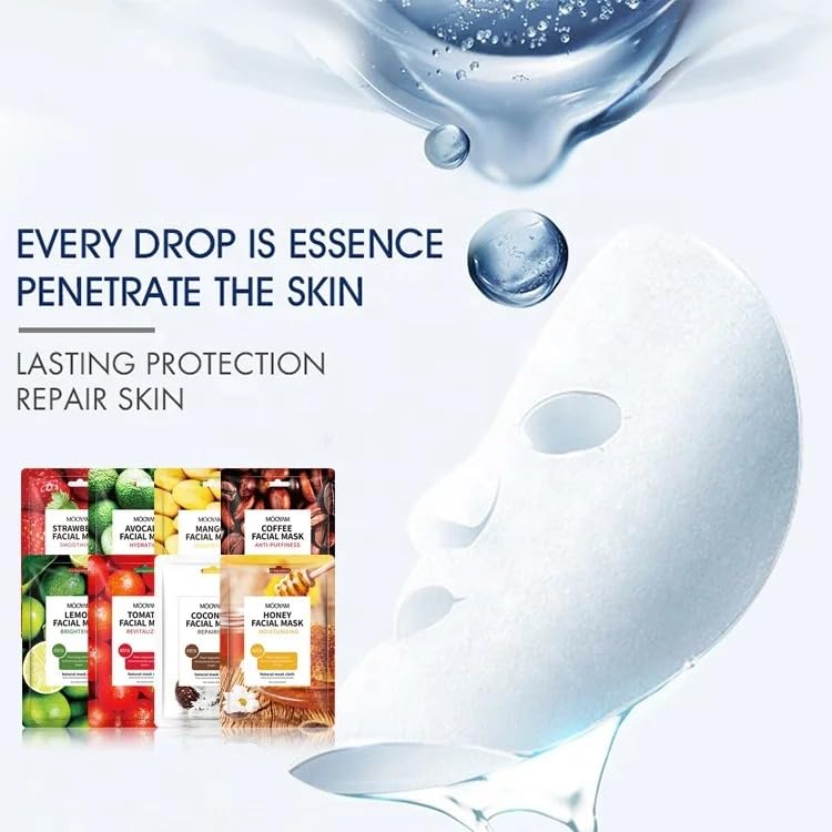 MOOYAM 8-pack Korean Skin Care Face Beauty Mask Sheet - Jojoba Oil, Green Tea, Vitamin C, Hyaluronic Acid, Shea Butter, Moisturising, Anti-Wrinkle, Brightening, Firming, Nourishing, Lightening 25ml/pc