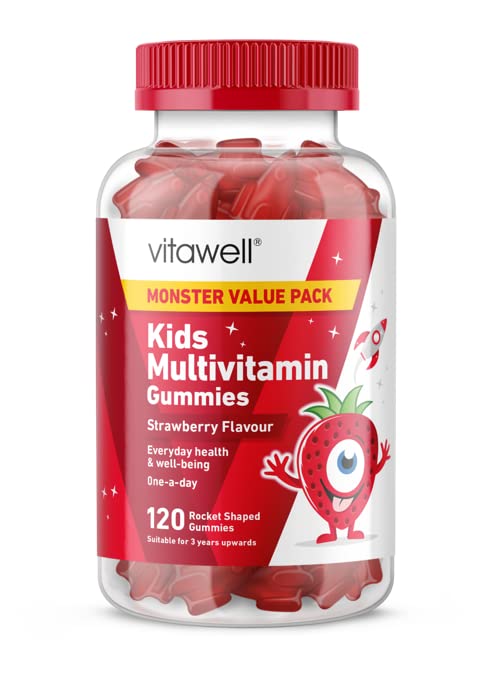 Vitawell Kids Multivitamin Gummies | 120 Strawberry Flavour Gummies | Monster Pack | 2 Months’ Supply | Two a Day Chewable Kids Multivitamin | 9 Essential Children’s Vitamins | by Vitawell
