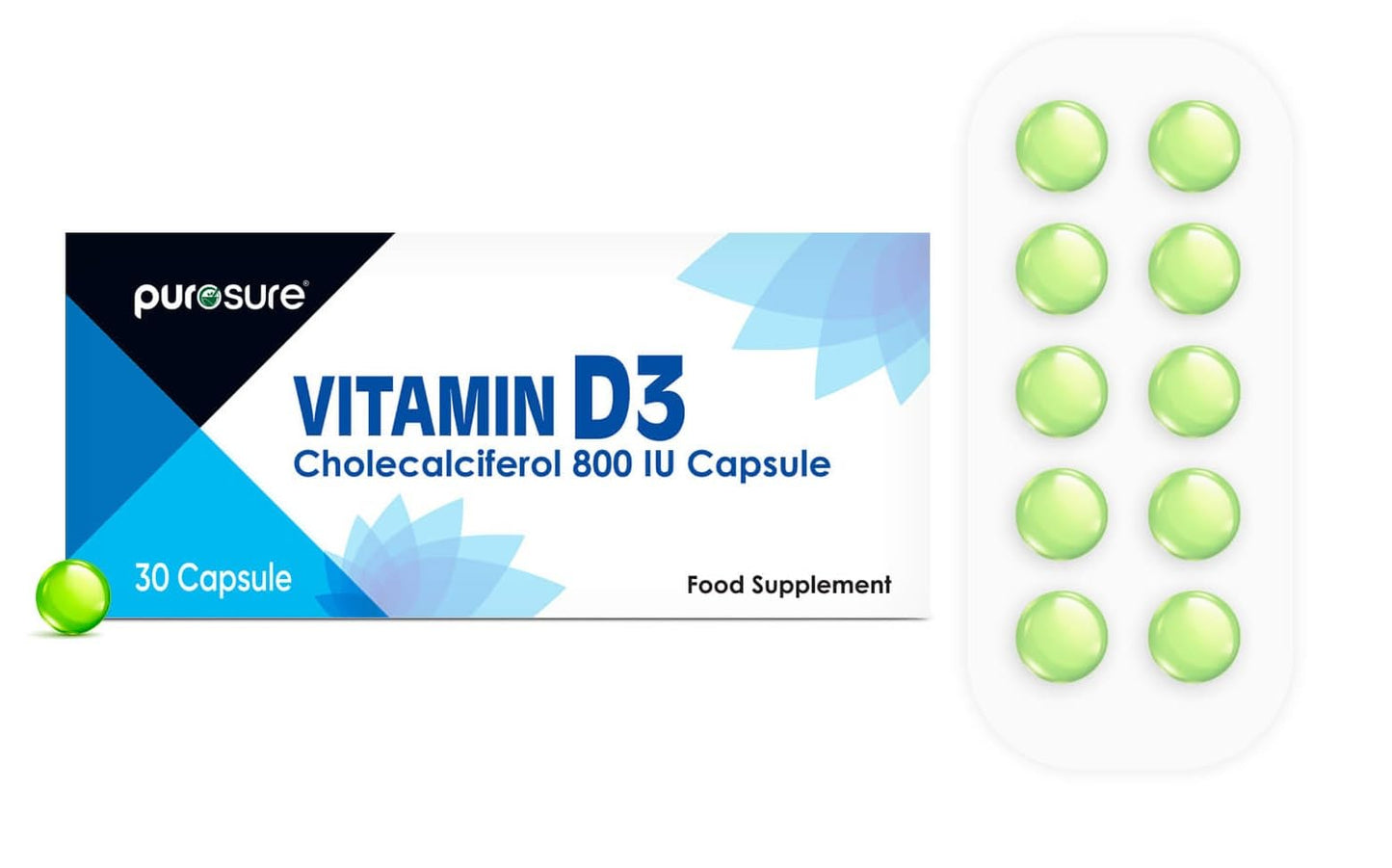 Vitamin D3 800 IU - 30 Capsules - High Potency, Easy to Swallow Pure Vitamin D Softgel Capsules - Vitamin D3 Supplements Helps Boost Health and Immune System