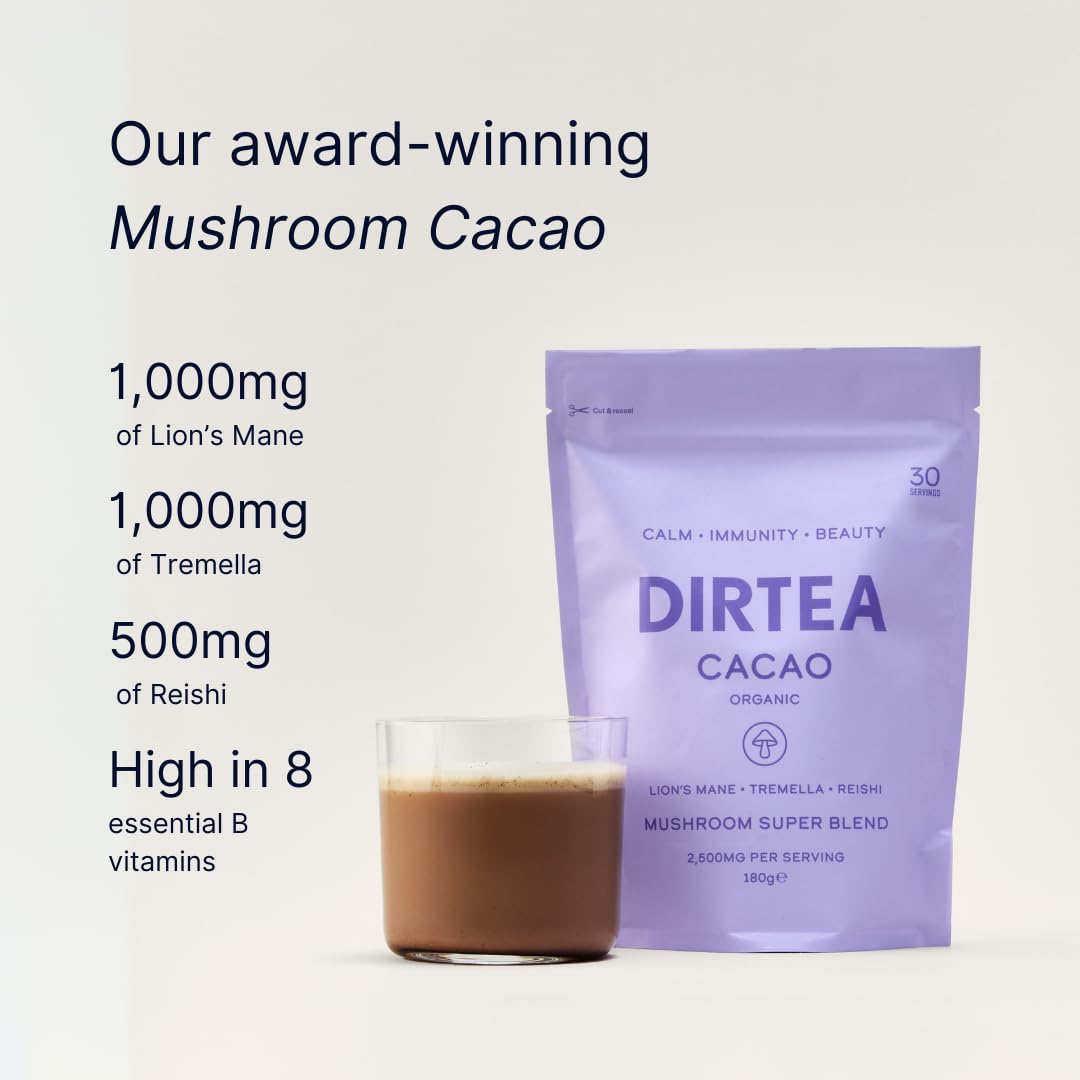 DIRTEA Cacao with Lion's Mane, Reishi & Tremella | 100% Organic Cacao with MCT & Moringa | 2,500mg Mushrooms per Serving | Vegan & Non GMO | 180g - 30 Servings